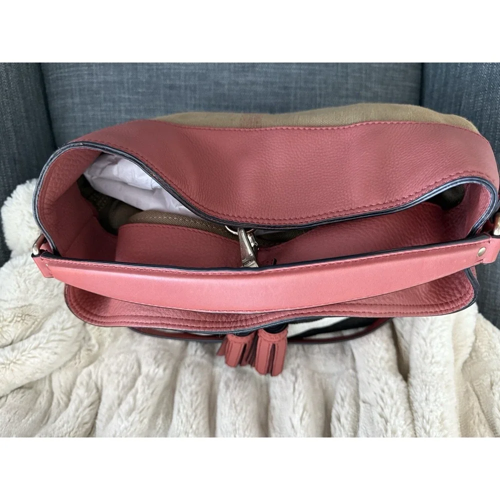 Burberry Grainy Calfskin Canvas Mega Check Medium Ashby Tassel Hobo Pink